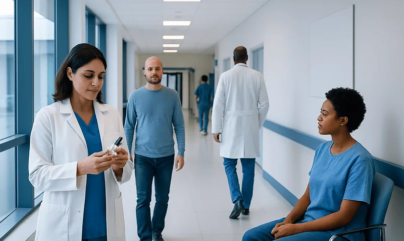 Medical professionals and patient in hospital corridor.