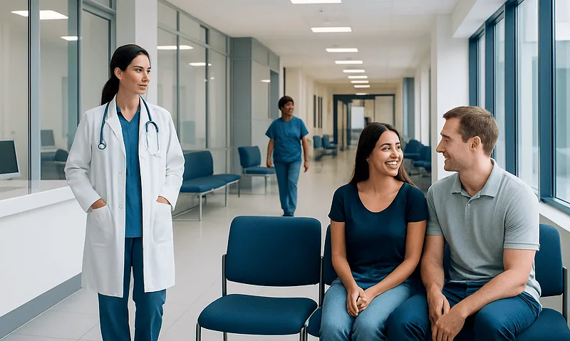 Healthcare professionals and patients in a modern hospital corridor.