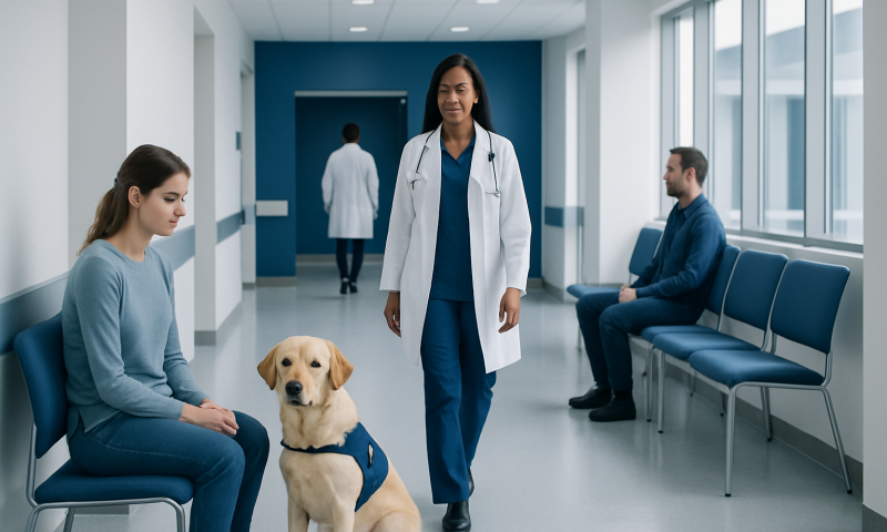 Therapist with a service dog and patients in a hospital corridor.