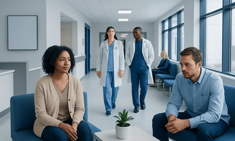 Medical professionals and patient in a hospital corridor.