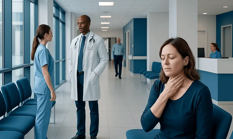 Herpes and Throat: An Evidence-Based Guide for Patients 7 Patient experiencing throat discomfort in a hospital corridor with medical staff nearby.