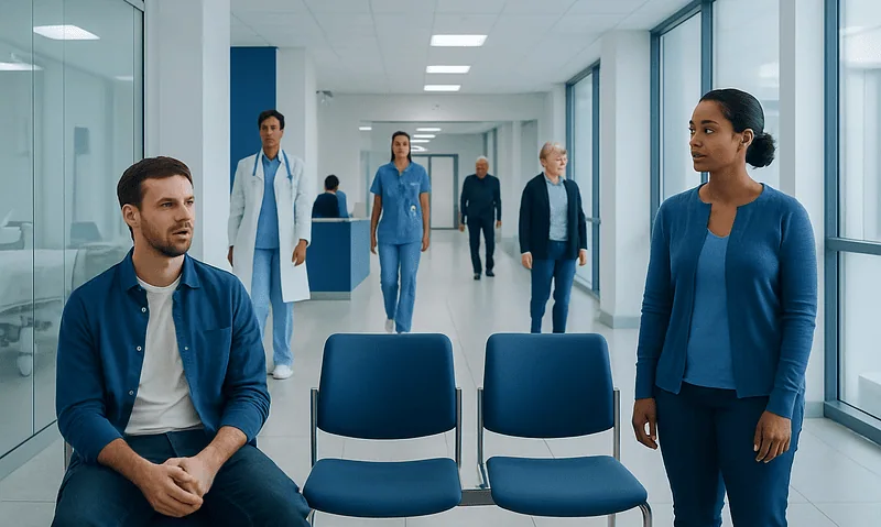 Hospital corridor with medical staff and patients in a modern healthcare facility.