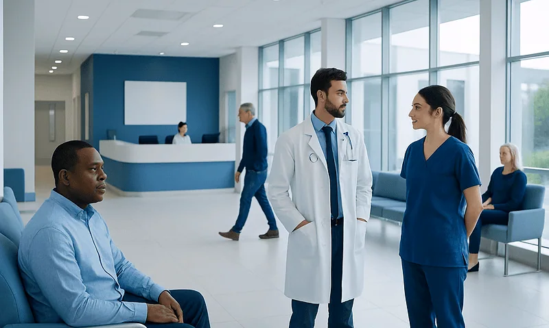 Doctors and patients in a modern hospital lobby with large windows.