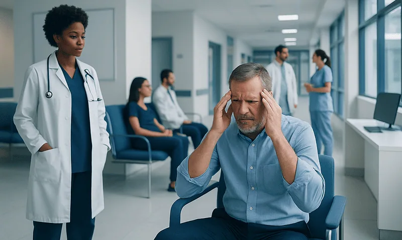 Patient experiencing headache in a hospital waiting area with medical staff nearby.