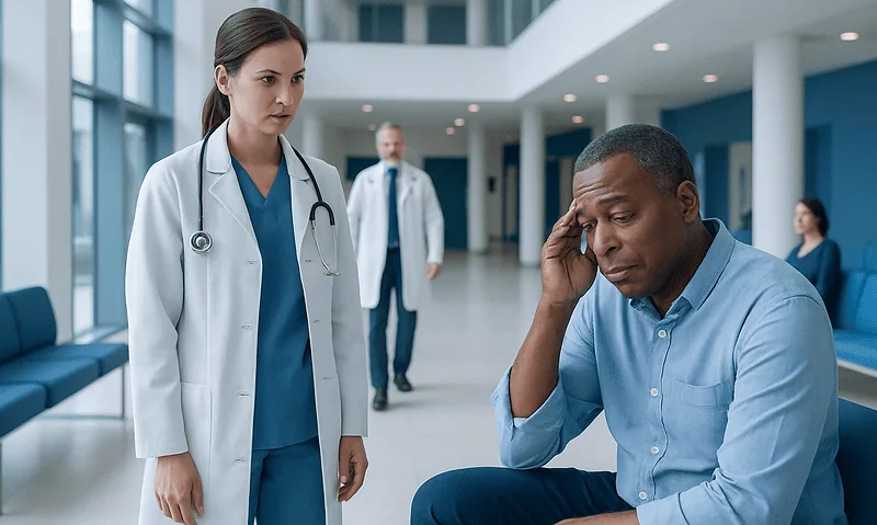 Does High Blood Pressure Make You Tired? A Doctor-Reviewed Answer 10 Doctor consulting a patient with headache in hospital corridor.