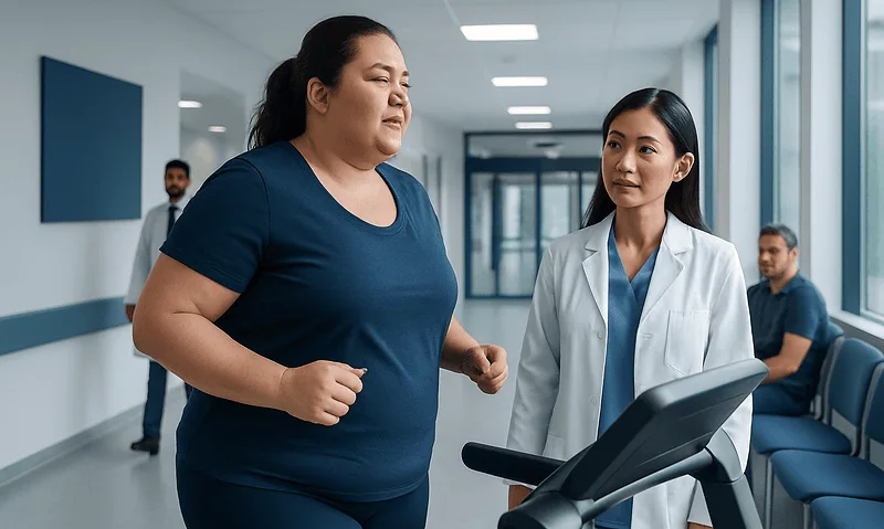 Patient walking on treadmill with medical staff in hospital corridor.