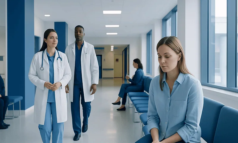 Patients waiting in a hospital corridor with medical staff nearby.