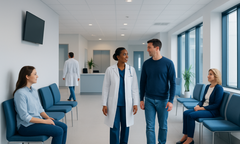 Healthcare professionals and patients in a modern hospital waiting area.