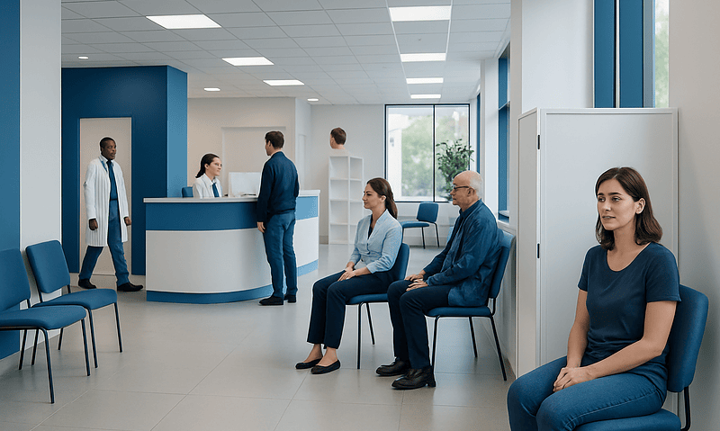 Patients waiting in a modern hospital reception area with medical staff nearby.