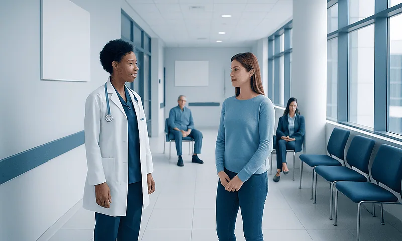 Doctor talking to a patient in a hospital corridor with waiting area.