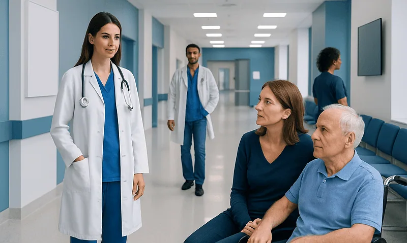 Medical team consulting with patient in hospital corridor.