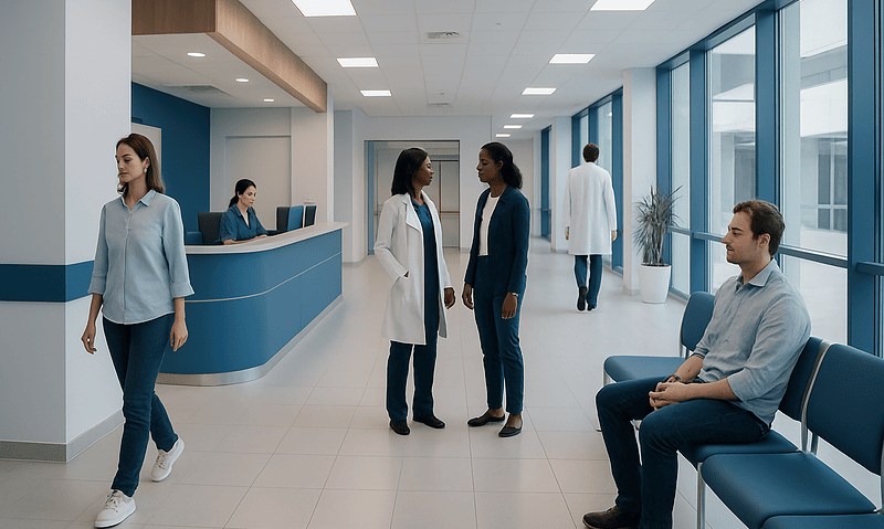 Health Library 4 Modern hospital lobby with staff and patients in a bright, spacious setting.