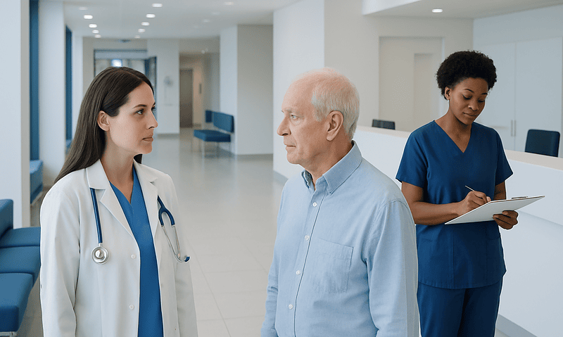 Doctor consulting with an elderly patient in a hospital corridor.