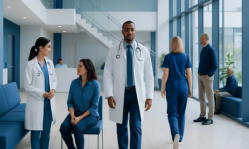Medical professionals and patients in a modern hospital lobby.