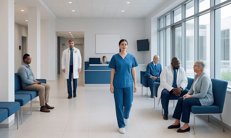 Healthcare professionals and patients in a modern hospital waiting area.