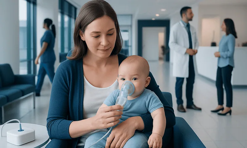 Infant receiving nebulizer treatment at a hospital.