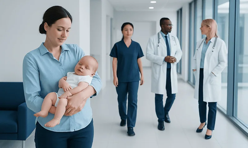 White Noise Machine Infants: An Evidence-Based Guide for Patients 7 Mother holding a baby in a hospital corridor with medical staff nearby.