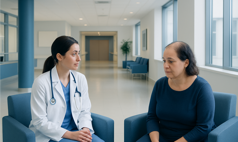 Doctor consulting with a patient in a modern hospital corridor.