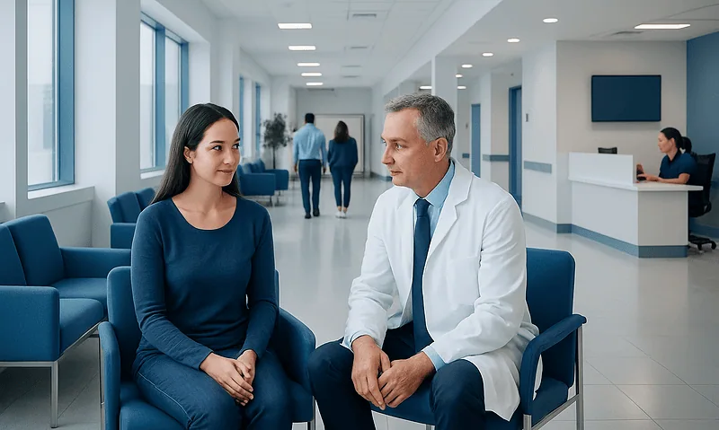 Doctor consulting with a patient in a modern hospital corridor.