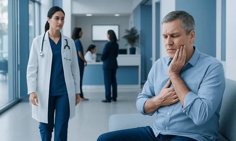 Man experiencing jaw pain in hospital waiting area with medical staff nearby.