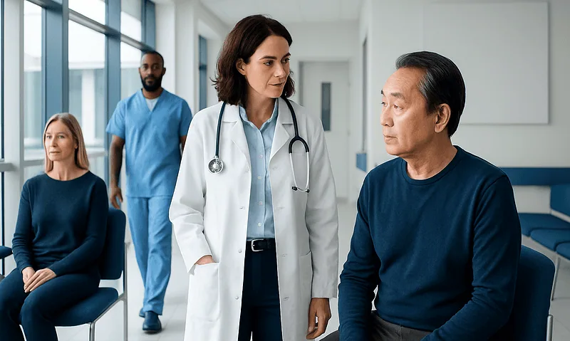 Doctor consulting with a male patient in a hospital corridor.