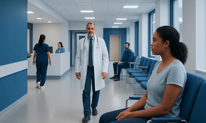 Doctor consulting with patient in hospital corridor at Acibadem Hospitals Group.