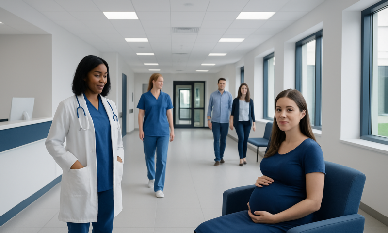 Pregnant woman in hospital corridor with medical staff and visitors.