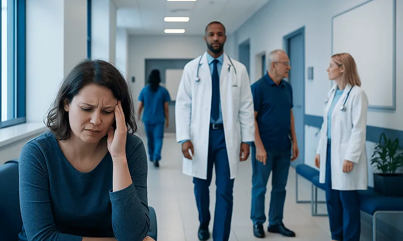 Patient experiencing headache in hospital corridor with medical staff nearby.