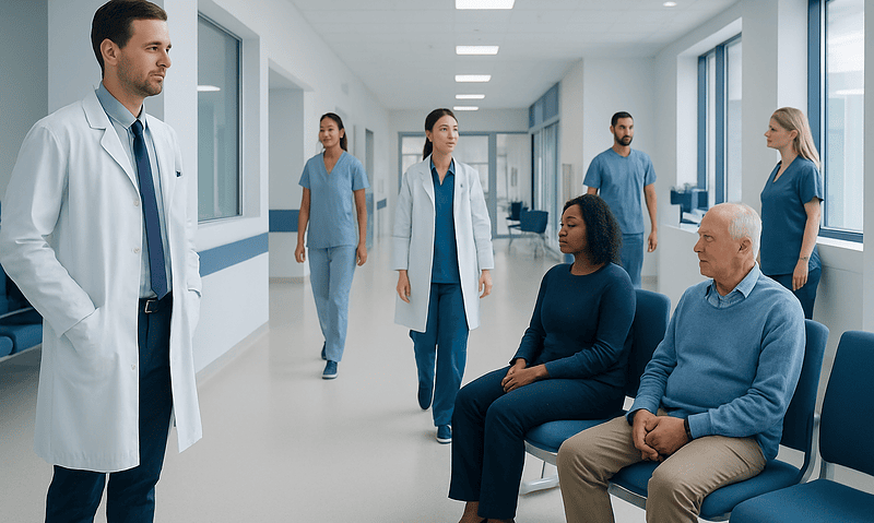 Medical team discussing patient care in hospital corridor.