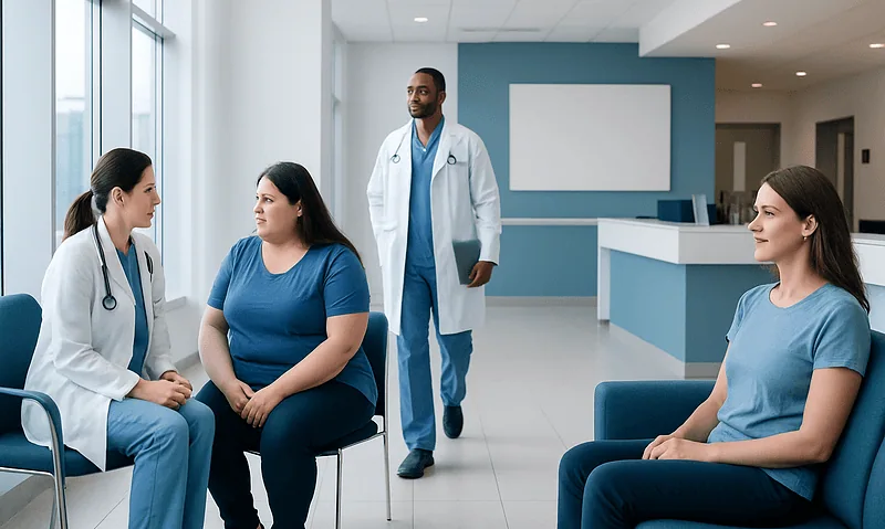 Medical consultation with healthcare professionals and patients in a hospital setting.