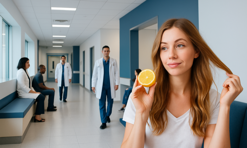 Brighten Hair with Lemon Juice: An Evidence-Based Guide for Patients 5 Young woman holding lemon slice in hospital corridor with doctors and patients.