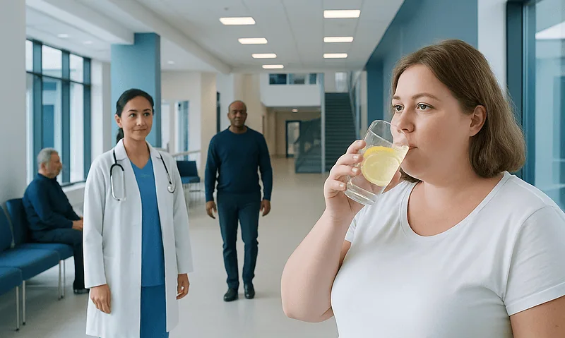 Does Lemon Water Help You Lose Weight? Causes, Explanations, and Next Steps 6 Woman drinking lemon water in hospital corridor with medical staff nearby.