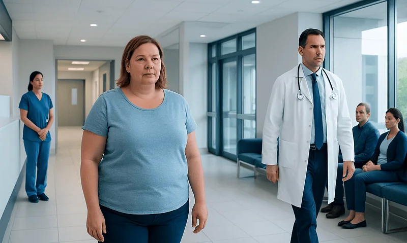 Patient waiting in hospital corridor with medical staff nearby.