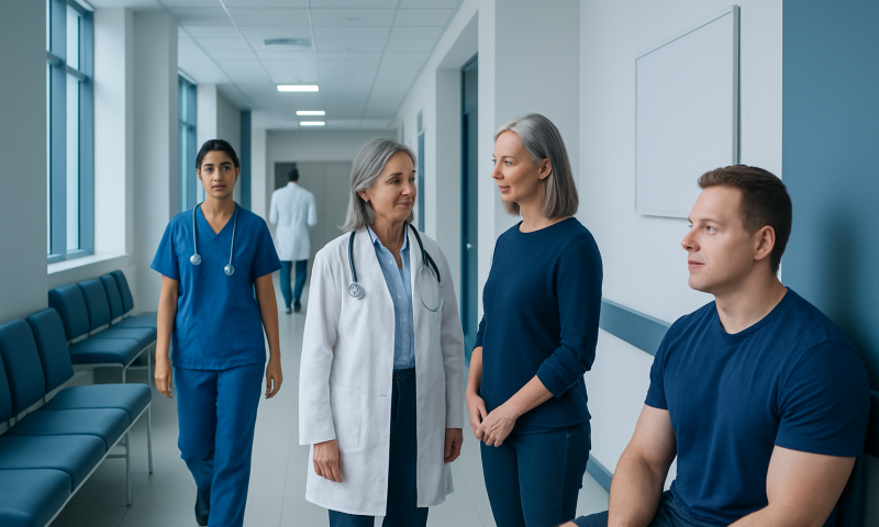 Hospital staff and patients in a modern healthcare corridor at Acibadem Hospitals Group.