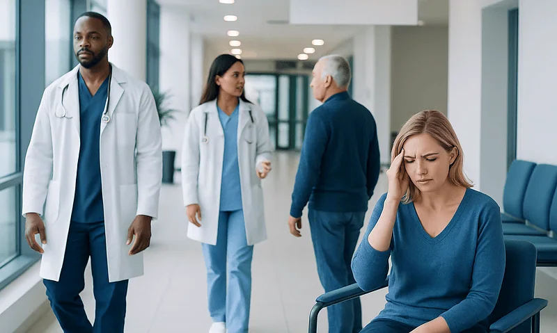Young woman experiencing headache in hospital waiting area with medical staff nearby.