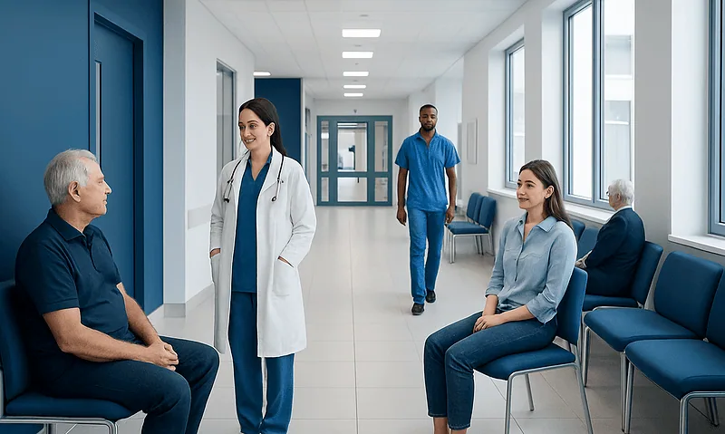 Medical consultation in hospital corridor with patients and healthcare professionals.