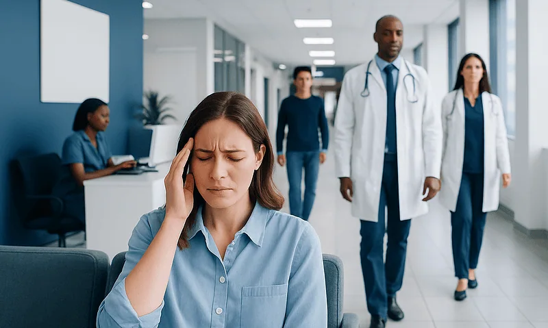 Young woman with headache in hospital corridor with medical staff.