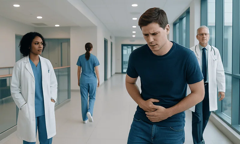 Young man experiencing stomach pain in hospital corridor with medical staff nearby.