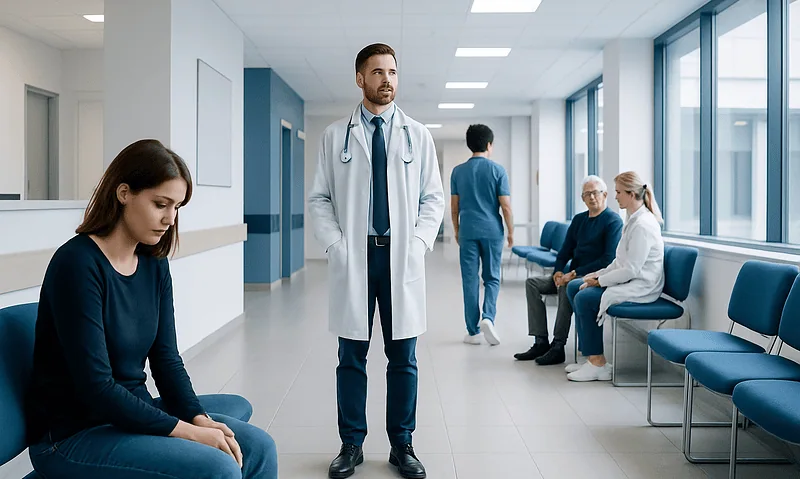 Doctor consulting with patients in a modern hospital corridor.