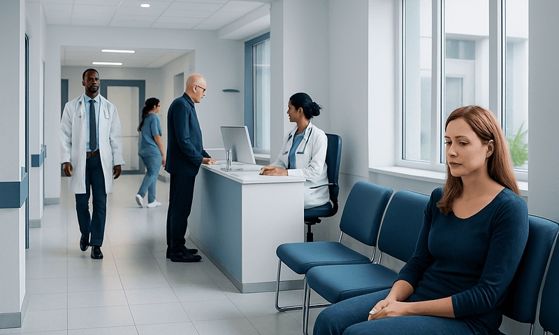 Patients waiting in a modern hospital corridor with medical staff at reception.