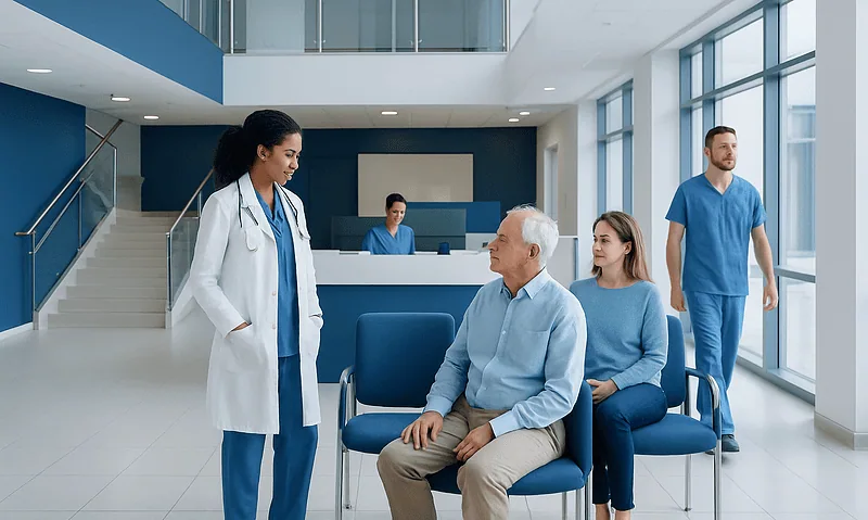 Hospital staff consulting with a patient in a modern medical facility.