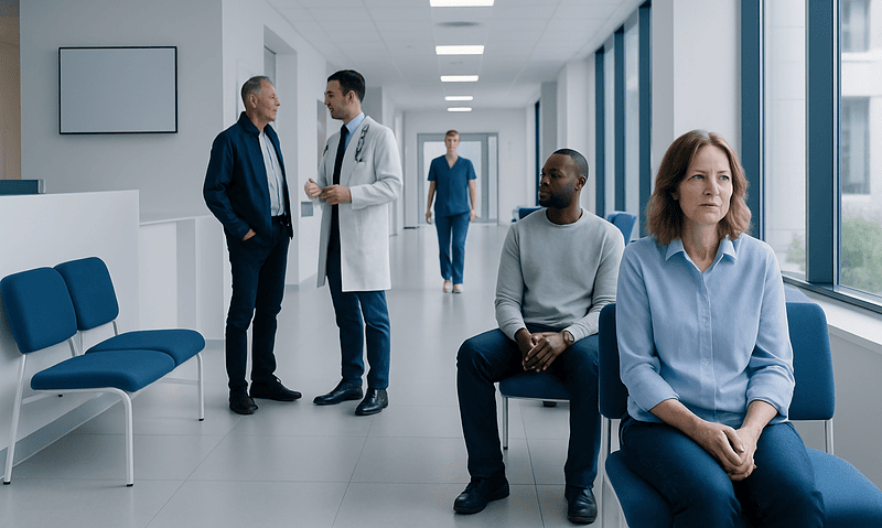 Patients waiting in a hospital corridor at Acibadem Hospitals Group.