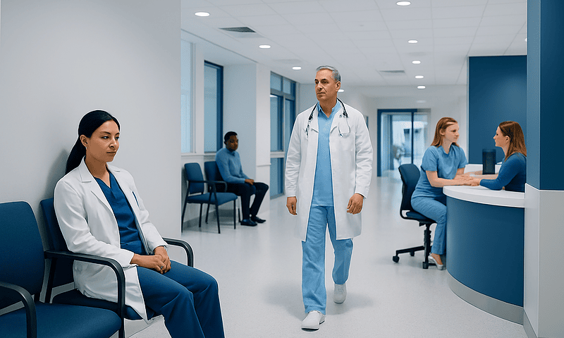Medical professionals waiting in a modern hospital corridor.