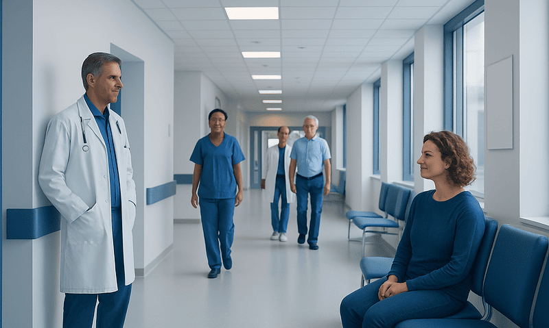 Doctor talking to patient in hospital corridor at Acibadem Hospitals Group.