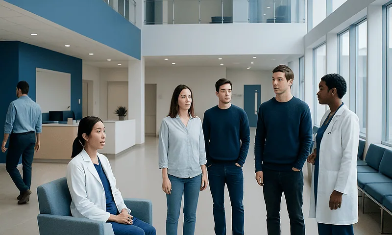 Medical professionals and patients in a modern hospital lobby.