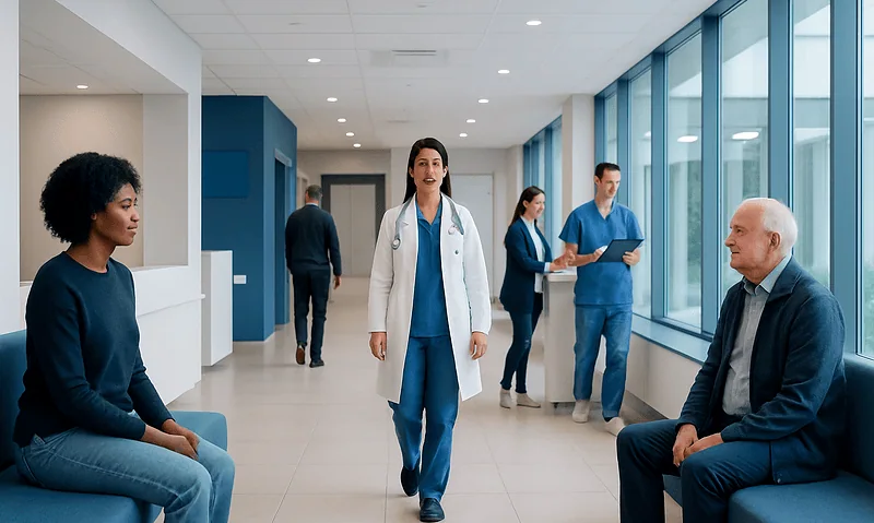 Healthcare professionals and patients in a modern hospital corridor.