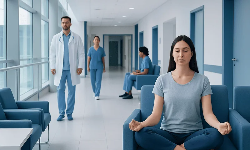 Patient meditating in hospital corridor for relaxation and stress relief.