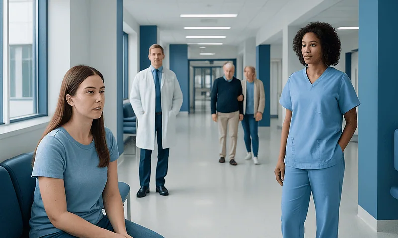 Hospital corridor with medical staff and patients in blue scrubs and casual clothing.