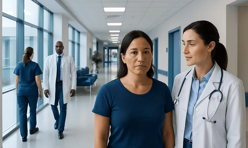 Medical consultation in a hospital corridor with healthcare professionals and patient.
