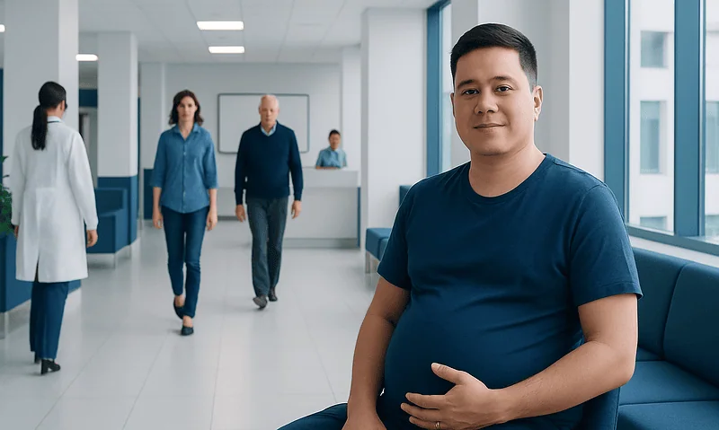 Man sitting in hospital corridor with medical staff in background.